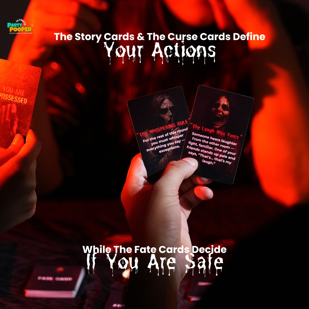 Two hands holding playing cards with text overlay on a dark background